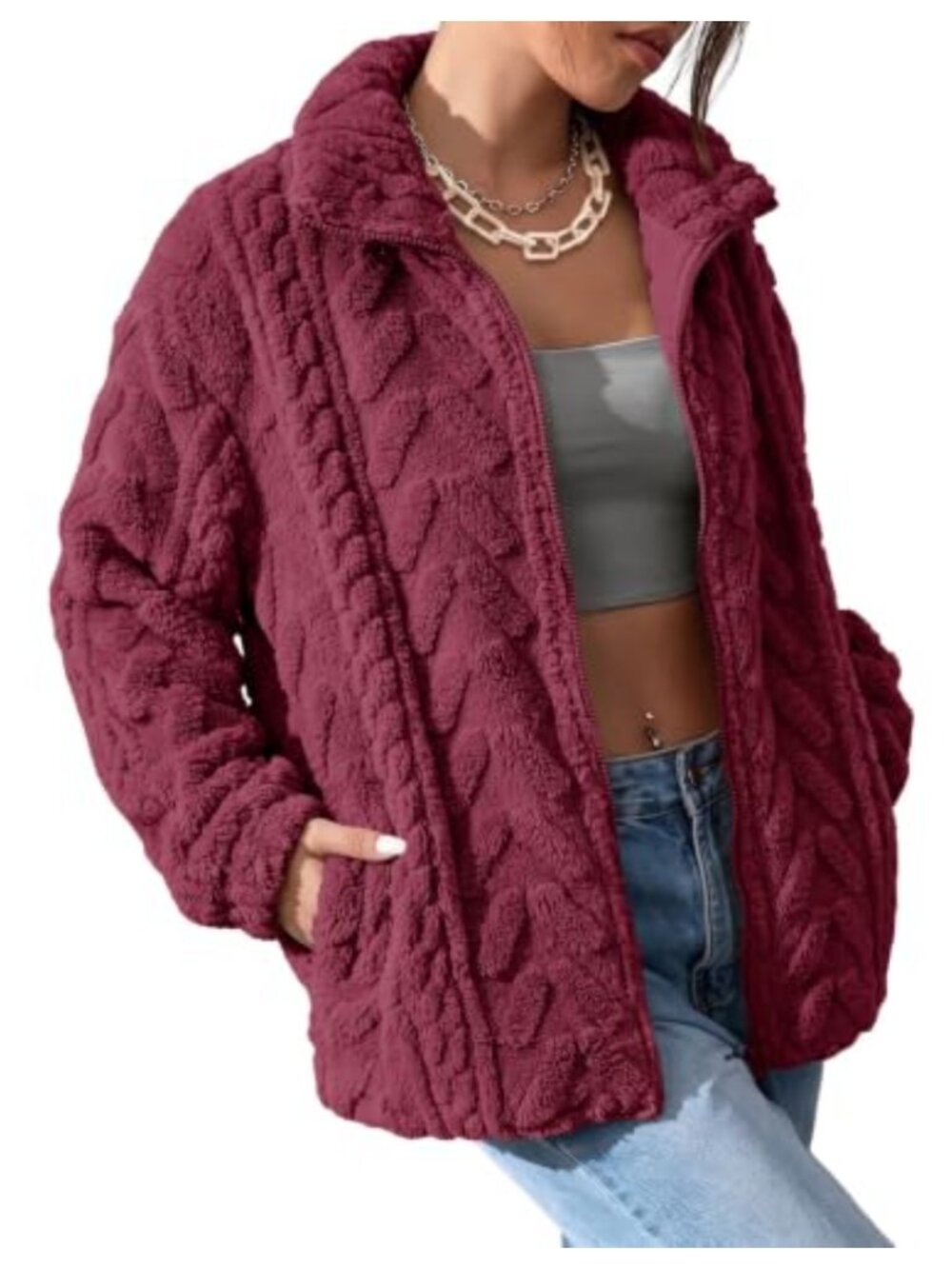 Fleece Jacket Full Zip Stand Collar Pockets Loose Fit Winter Coat